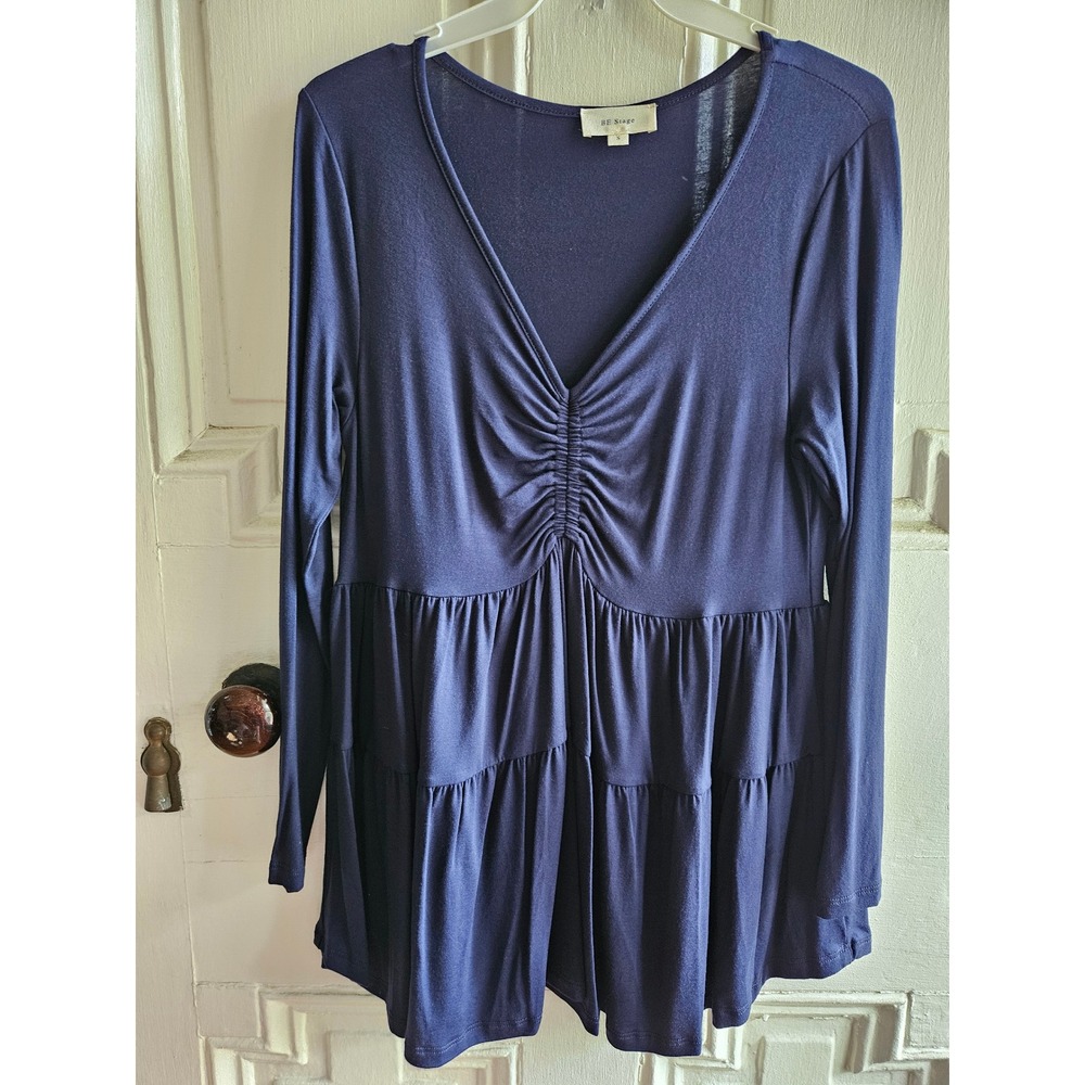 BE Stage Navy Blue Long Sleeve Tunic Top Ruched V-Neck Tiered Babydoll Med